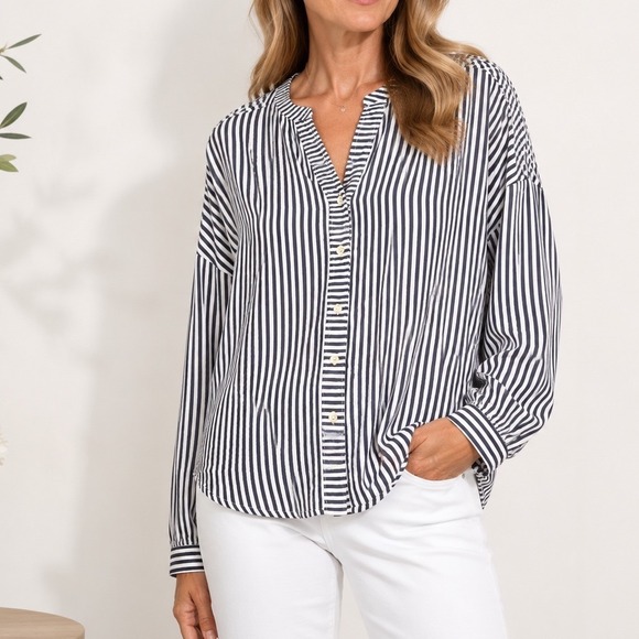 LOFT Tops - LOFT Shirt Womens Small Navy White Striped Long Sleeve V-Neck Blouse coastal EUC